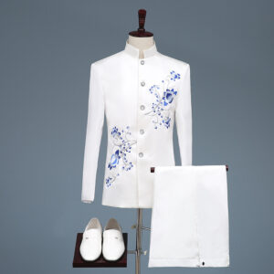 Men Stylish Embroidery Floral Pattern Suits Set Stage Singer Wedding Groom Jacket Pants Vintage Stand Collar Men's Coustume Red/Black