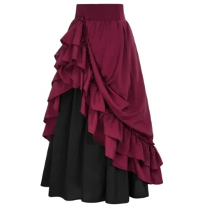 casual dual layer skirt button renaissance costume women back double ruffle long shirring skirt waist elastic band maxi length