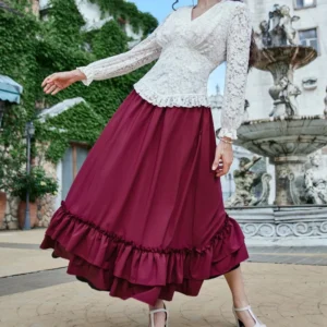 casual dual layer skirt button renaissance costume women back double ruffle long shirring skirt waist elastic band maxi length