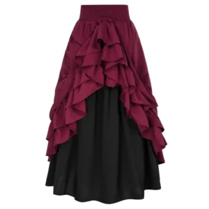 casual dual layer skirt button renaissance costume women back double ruffle long shirring skirt waist elastic band maxi length