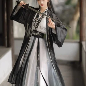 elegant black and white hanfu dress set – traditional chinese warrior inspired attire