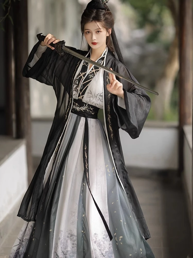 elegant black and white hanfu dress set – traditional chinese warrior inspired attire