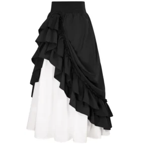 casual dual layer skirt button renaissance costume women back double ruffle long shirring skirt waist elastic band maxi length