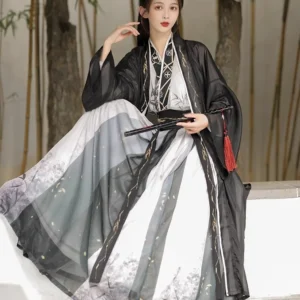 elegant black and white hanfu dress set – traditional chinese warrior inspired attire