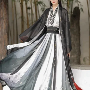elegant black and white hanfu dress set – traditional chinese warrior inspired attire