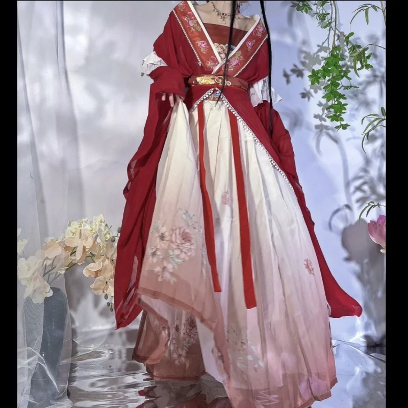 retro chinese style red vestido hanfu dress cosplay women traditional print long skirt 5 piece set elegant girls party skirt set